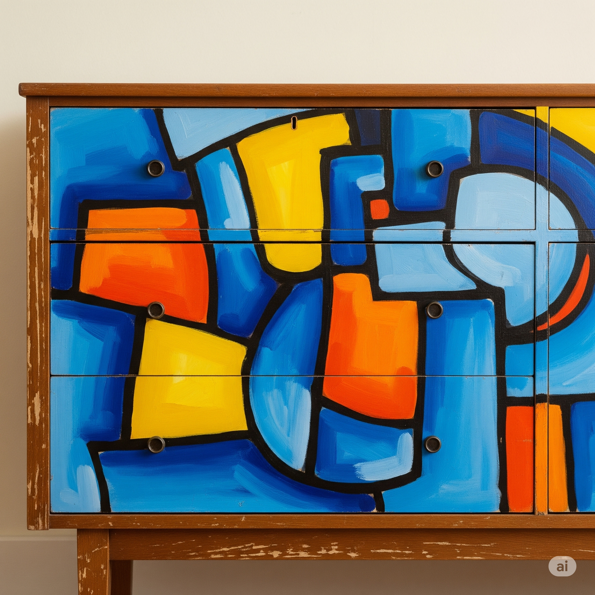 Como transformar móveis desgastados com pintura abstrata, criando peças exclusivas e cheias de personalidade