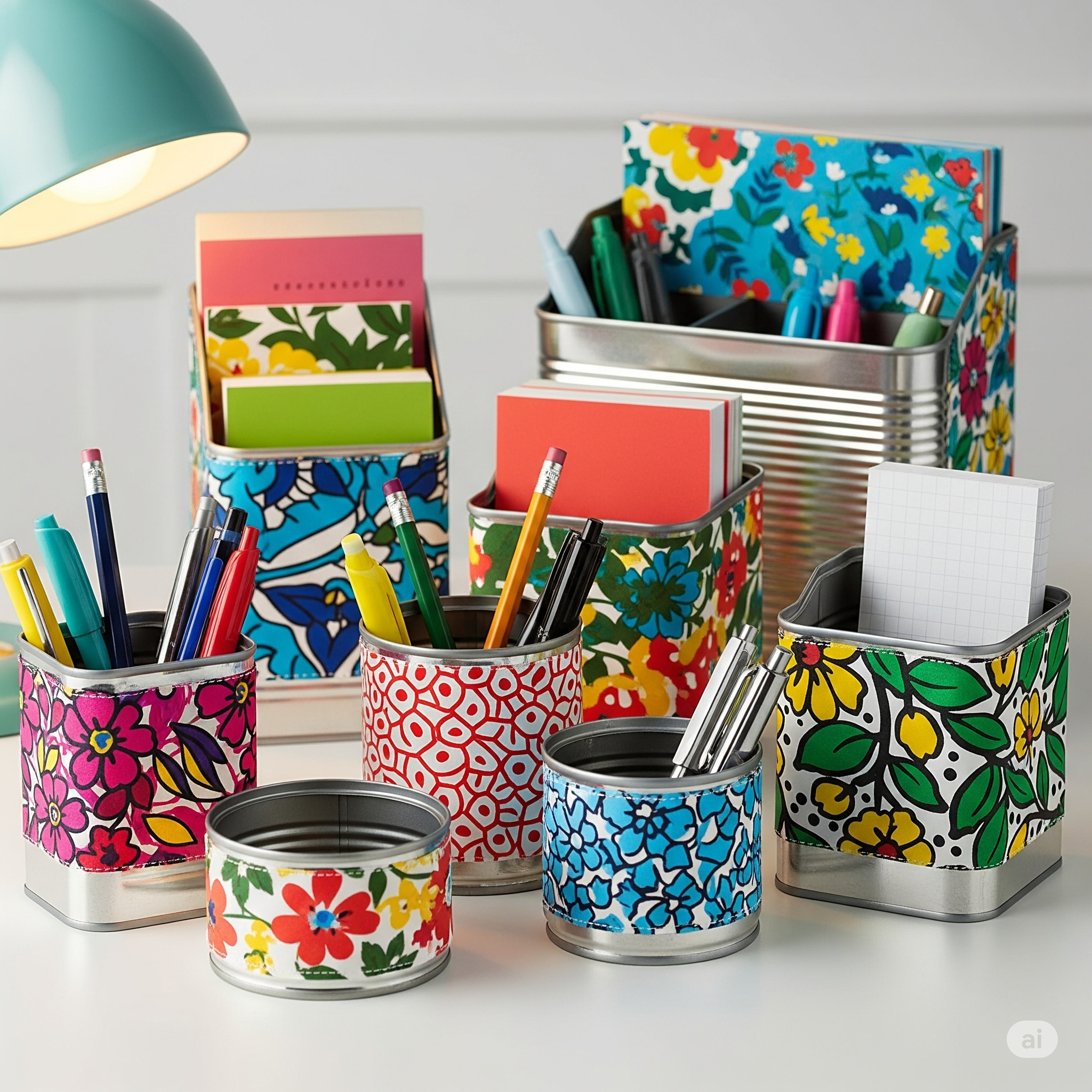 Como fazer organizadores de mesa com latas e tecidos estampados