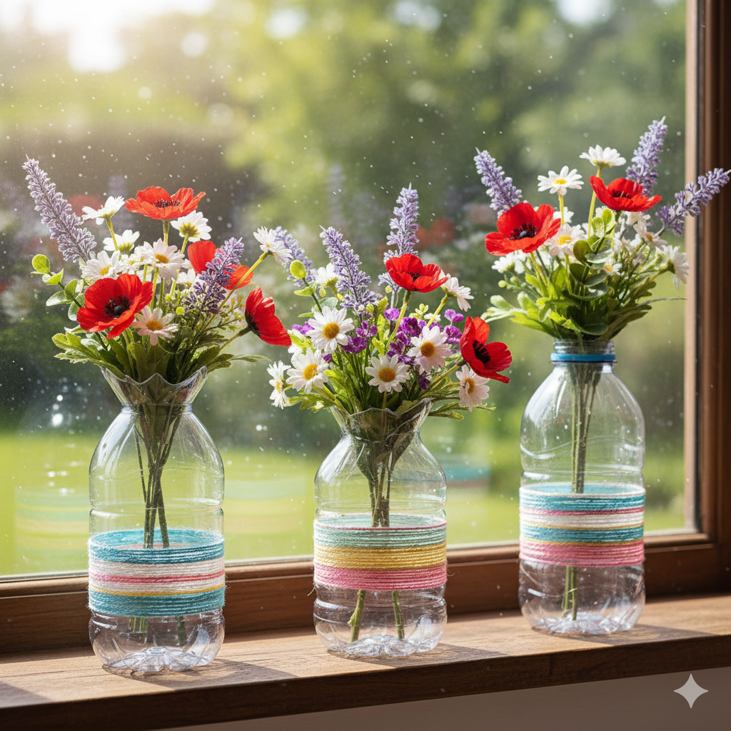 Como montar arranjos de flores artificiais em garrafas PET