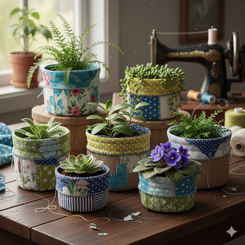 Passo a passo para fazer cachepôs de tecido usando sobras de pano