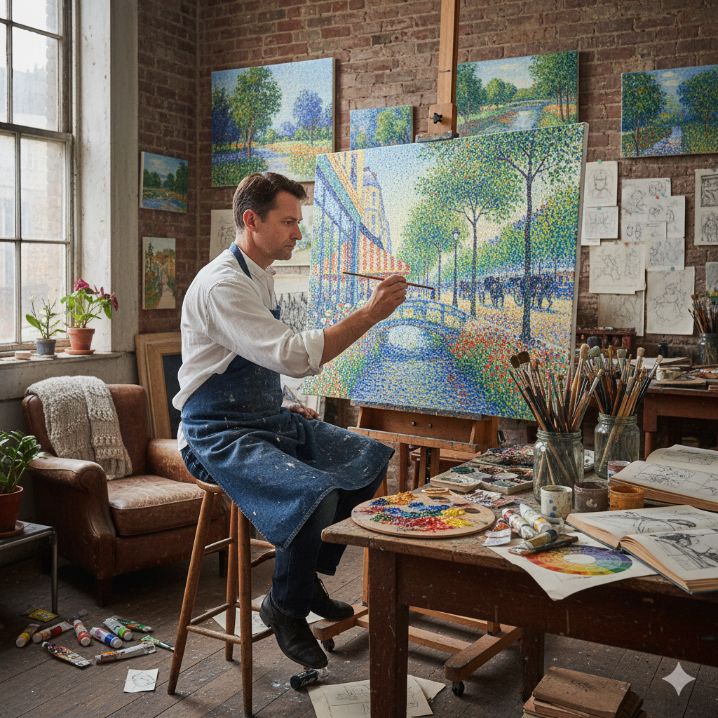 Imagine criar uma imagem vibrante e cheia de luz, não com pinceladas longas, mas com milhares de pequenos pontos de cor pura. Parece complexo? Essa é a essência do Pontilhismo, uma técnica artística revolucionária que transforma pontos individuais em uma obra de arte coesa e brilhante.