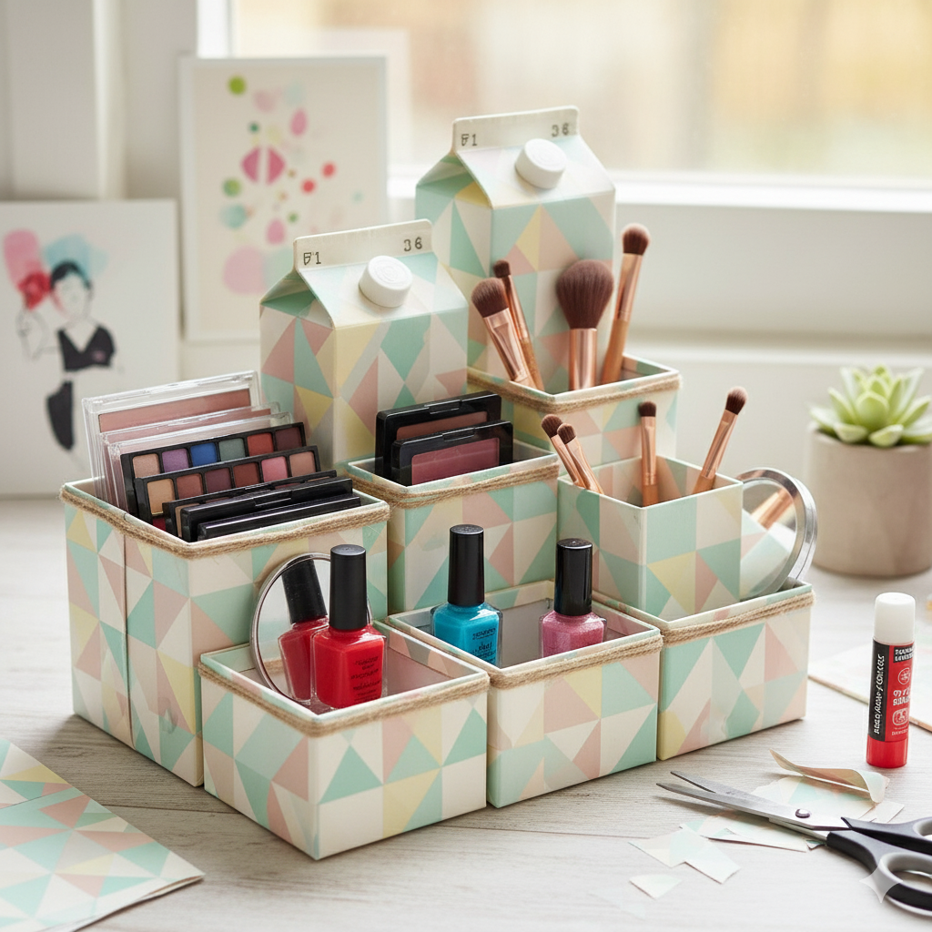 Saiba como criar um organizador de maquiagem feito com caixinhas de leite